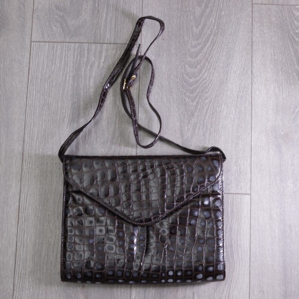 Ro-el Crossbody Handbag Brown Croc Embossed Patent Leather Purse Envelope Bag